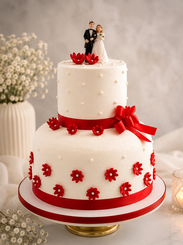 White & Red Ribbon Wedding Cake — Krispie's Hyderabad